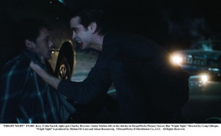 "FRIGHT NIGHT" FN-003 Jerry (Colin Farrell, right) gets Charley Brewster (Anton Yelchin, left) in his clutches in DreamWorks Picturesâ horror film âFright Night.â Directed by Craig Gillespie, âFright Nightâ is produced by Michael De Luca and Alison Rosenzweig. Â©DreamWorks II Distribution Co., LLC. Â All Rights Reserved.